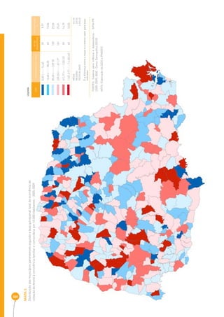 301 
MAPA 3 
Distribuição dos municípios paranaenses segundo a taxa quinquenal total da ocorrência de 
violação do direito à convivência familiar e comunitária por 10.000 Habitantes - 2005-2009 
COR INTERVALOS DAS TAXAS Nº DE 
MUNICÍPIOS 
PERCENTAGEM 
% 
0,00 |----- 16,60 39 9,77 
16,60 |----- 85,35 60 15,04 
85,35 |----- 239,55 100 25,06 
239,55 |----- 611,77 101 25,31 
611,77 |----- 1.021,51 59 14,79 
1.021,51 |-----| 4.243,63 40 10,03 
MÉDIA 441,92 
MEDIANA 239,55 
DESIGUALDADE 4.243,63 
É a diferença entre o maior e o menor valor para esse 
indicador 
LEGENDA 
FONTES: Sistema para Infância e Adolescência - SIPIA-PR 
(2005-2009), IBGE - Censo Demográfi co (2010) 
NOTA: Elaboração da SEDS e IPARDES. 
 