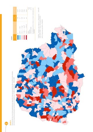 303 
MAPA 5 
Distribuição dos municípios paranaenses segundo a taxa quinquenal total da ocorrência de violação 
do direito à profi ssionalização e proteção ao trabalho por 10.000 Habitantes - 2005-2009 
COR INTERVALOS DAS TAXAS Nº DE 
MUNICÍPIOS 
PERCENTAGEM 
% 
0 138 34,59 
0,58 |----- 5,96 61 15,29 
5,96 |----- 17,68 100 25,06 
17,68 |----- 44,07 60 15,04 
44,07 |-----| 667,64 40 10,03 
MÉDIA 2 0,79 
MEDIANA 5,96 
DESIGUALDADE 667,64 
É a diferença entre o maior e o menor valor para esse 
indicador 
LEGENDA 
FONTES: Sistema para Infância e Adolescência - SIPIA-PR 
(2005-2009), IBGE - Censo Demográfi co (2010) 
NOTA: Elaboração da SEDS e IPARDES. 
 