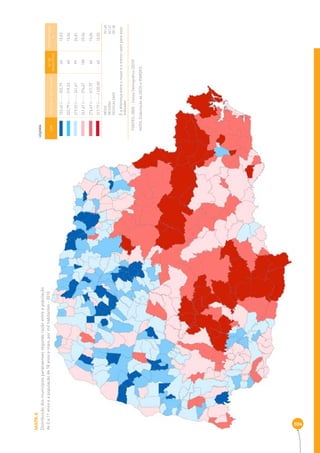 MAPA 6 
Distribuição dos municípios paranaenses segundo razão entre a população 
de 0 a 11 anos e a população de 18 anos e mais, por mil habitantes - 2010 
304 
COR INTERVALOS DOS VALORES Nº DE 
MUNICÍPIOS 
PERCENTAGEM 
% 
153,42 |----- 203,79 40 10,03 
203,79 |----- 219,53 60 15,04 
219,53 |----- 241,67 99 24,81 
241,67 |----- 276,67 100 25,06 
276,67 |----- 317,79 60 15,04 
317,79 |-----| 435,00 40 10,03 
MÉDIA 251,68 
MEDIANA 241,67 
DESIGUALDADE 281,58 
É a diferença entre o maior e o menor valor para esse 
indicador 
LEGENDA 
FONTES: IBGE - Censo Demográfi co (2010) 
NOTA: Elaboração da SEDS e IPARDES. 
 