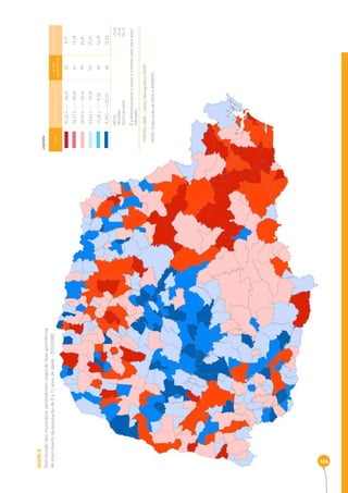 MAPA 8 
Distribuição dos municípios paranaenses segundo taxa geométrica 
de crescimento da população de 0 a 11 anos de idade - 2010/2000 
306 
COR INTERVALOS DAS TAXAS Nº DE 
MUNICÍPIOS 
PERCENTAGEM 
% 
-52,40 |----- -36,21 39 9,77 
-36,21 |----- -30,69 61 15,29 
-30,69 |----- -23,44 99 24,81 
-23,44 |----- -15,32 101 25,31 
-15,32 |----- -9,18 59 14,79 
-9,18 |-----| 52,33 40 10,03 
MÉDIA - 22,52 
MEDIANA -23,44 
DESIGUALDADE 104,73 
É a diferença entre o maior e o menor valor para esse 
indicador 
LEGENDA 
FONTES: IBGE - Censo Demográfi co (2010) 
NOTA: Elaboração da SEDS e IPARDES. 
 