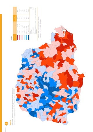 307 
MAPA 9 
Distribuição dos municípios paranaenses segundo taxa geométrica 
de crescimento da população de 12 a 17 anos de idade - 2010/2000 
COR INTERVALOS DAS TAXAS Nº DE 
MUNICÍPIOS 
PERCENTAGEM 
% 
-44,22 |----- -21,98 39 9,77 
-21,98 |----- -16,49 61 15,29 
-16,49 |----- -6,02 99 24,81 
-6,02 |----- 2,32 101 25,31 
2,32 |----- 11,55 59 14,79 
11,55 |-----| 93,97 40 10,03 
MÉDIA - 5,62 
MEDIANA -6,02 
DESIGUALDADE 138,19 
É a diferença entre o maior e o menor valor para esse 
indicador 
LEGENDA 
FONTES: IBGE - Censo Demográfi co (2010) 
NOTA: Elaboração da SEDS e IPARDES. 
 
