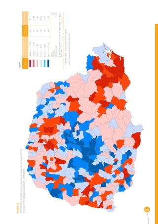 MAPA 10 
Distribuição dos municípios paranaenses segundo taxa geométrica 
de crescimento da população total - 2010/2000 
308 
COR INTERVALOS DAS TAXAS Nº DE 
MUNICÍPIOS 
PERCENTAGEM 
% 
-38,48 |----- -12,03 39 9,77 
-12,03 |----- -5,99 61 15,29 
-5,99 |----- 1,57 99 24,81 
1,57 |----- 8,72 101 25,31 
8,72 |----- 16,81 59 14,79 
16,81 |-----| 73,25 40 10,03 
MÉDIA 2 ,25 
MEDIANA 1,57 
DESIGUALDADE 111,73 
É a diferença entre o maior e o menor valor para esse 
indicador 
LEGENDA 
FONTES: IBGE - Censo Demográfi co (2010) 
NOTA: Elaboração da SEDS e IPARDES. 
 