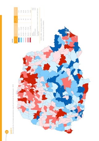 309 
MAPA 11 
Distribuição dos municípios paranaenses segundo percentual de urbanização - 2010 
COR INTERVALOS DAS 
PERCENTAGENS 
Nº DE 
MUNICÍPIOS 
PERCENTAGEM 
% 
9,35 |----- 36,12 39 9,77 
36,12 |----- 55,28 62 15,54 
55,28 |----- 71,90 98 24,56 
71,90 |----- 84,24 101 25,31 
84,24 |----- 92,52 59 14,79 
92,52 |-----| 100,00 40 10,03 
MÉDIA 6 8,39 
MEDIANA 71,90 
DESIGUALDADE 90,65 
É a diferença entre o maior e o menor valor para esse 
indicador 
LEGENDA 
FONTES: IBGE - Censo Demográfi co (2010) 
NOTA: Elaboração da SEDS e IPARDES. 
 