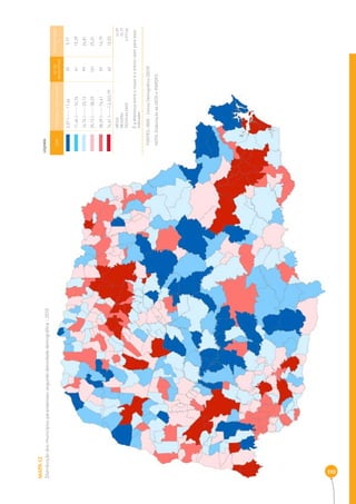 MAPA 12 
Distribuição dos municípios paranaenses segundo densidade demográfi ca - 2010 
310 
COR INTERVALOS DOS VALORES Nº DE 
MUNICÍPIOS 
PERCENTAGEM 
% 
3,07 |----- 11,64 39 9,77 
11,64 |----- 16,74 61 15,29 
16,74 |----- 25,13 99 24,81 
25,13 |----- 38,29 101 25,31 
38,29 |----- 74,61 59 14,79 
74,61 |-----| 4.022,79 40 10,03 
MÉDIA 6 2,09 
MEDIANA 25,13 
DESIGUALDADE 4.019,66 
É a diferença entre o maior e o menor valor para esse 
indicador 
LEGENDA 
FONTES: IBGE - Censo Demográfi co (2010) 
NOTA: Elaboração da SEDS e IPARDES. 
 