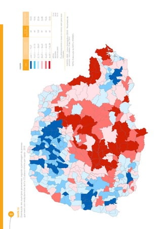 311 
MAPA 13 
Distribuição dos municípios paranaenses segundo a percentagem de pessoas 
que vivem com renda domiciliar de 0 a 1/2 sálario mínimo per capita - 2010 
COR INTERVALOS DAS 
PERCENTAGENS 
Nº DE 
MUNICÍPIOS 
PERCENTAGEM 
% 
4,66 |----- 15,21 40 10,03 
15,21 |----- 21,15 60 15,04 
21,15 |----- 28,49 100 25,06 
28,49 |----- 36,65 99 24,80 
36,65 |----- 46,40 60 15,04 
46,40 |-----| 64,38 40 10,03 
MÉDIA 2 9,46 
MEDIANA 28,48 
DESIGUALDADE 59,72 
É a diferença entre o maior e o menor valor para esse 
indicador 
LEGENDA 
FONTES: IBGE - Censo Demográfi co (2010) - Resultados da 
amostra - microdados 19 dez. 2012 
NOTA: Elaboração da SEDS e IPARDES. 
 