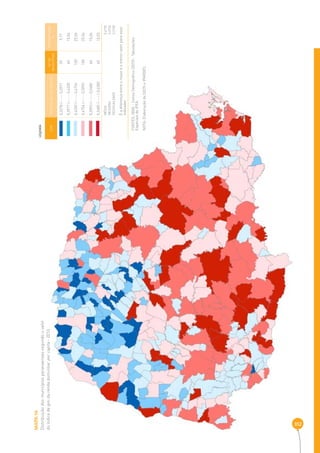 MAPA 14 
Distribuição dos municípios paranaenses segundo o valor 
do índice de gini da renda domiciliar per capita - 2010 
312 
COR INTERVALOS DOS ÍNDICES Nº DE 
MUNICÍPIOS 
PERCENTAGEM 
% 
0,3278 |----- 0,3977 39 9,77 
0,3977 |----- 0,4330 60 15,04 
0,4330 |----- 0,4754 100 25,06 
0,4754 |----- 0,5093 100 25,06 
0,5093 |----- 0,5485 60 15,04 
0,5485 |-----| 0,6383 40 10,03 
MÉDIA 0 ,4730 
MEDIANA 0,4754 
DESIGUALDADE 0,3105 
É a diferença entre o maior e o menor valor para esse 
indicador 
LEGENDA 
FONTES: IBGE - Censo Demográfi co (2010) - Tabulações 
Especiais do IPEA 
NOTA: Elaboração da SEDS e IPARDES. 
 