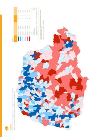 313 
MAPA 15 
Distribuição dos municípios paranaenses segundo valor do percentil 75 do 
índice de vulnerabilidade das famílias paranaenses - Dezembro 2012 
COR INTERVALOS DOS ÍNDICES Nº DE 
MUNICÍPIOS 
PERCENTAGEM 
% 
0,269 |----- 0,322 54 13,53 
0,322 |----- 0,342 45 11,28 
0,342 |----- 0,359 95 23,81 
0,359 |----- 0,384 76 19,05 
0,384 |----- 0,410 91 22,81 
0,410 |-----| 0,568 38 9,52 
MÉDIA 0 ,366 
MEDIANA 0,359 
DESIGUALDADE 0,299 
É a diferença entre o maior e o menor valor para esse 
indicador 
LEGENDA 
FONTES: Ministério do Desenvolvimento Social e Combate à 
Fome/CadÚnico (dez. 2012) 
NOTA: Elaboração da SEDS e IPARDES. 
 