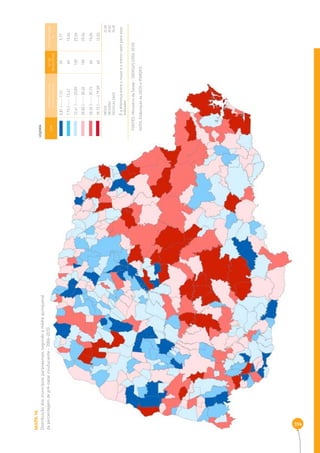 MAPA 16 
Distribuição dos municípios paranaenses segundo a média quinquenal 
da percentagem de pré-natal insufuciente - 2006-2010 
314 
COR INTERVALOS DAS 
PERCENTAGENS 
Nº DE 
MUNICÍPIOS 
PERCENTAGEM 
% 
0,81 |----- 7,73 39 9,77 
7,73 |----- 12,41 60 15,04 
12,41 |----- 20,83 100 25,06 
20,83 |----- 30,32 100 25,06 
30,32 |----- 39,73 60 15,04 
39,73 |-----| 79,09 40 10,03 
MÉDIA 2 2,68 
MEDIANA 20,83 
DESIGUALDADE 78,28 
É a diferença entre o maior e o menor valor para esse 
indicador 
LEGENDA 
FONTES: Ministério da Saúde - DATASUS (2006-2010) 
NOTA: Elaboração da SEDS e IPARDES. 
 