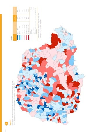315 
MAPA 17 
Distribuição dos municípios paranaenses segundo a média quinquenal da taxa 
de mortalidade de menores de cinco anos, por mil nascidos vivos - 2006-2010 
COR INTERVALOS DAS TAXAS Nº DE 
MUNICÍPIOS 
PERCENTAGEM 
% 
0 |----- 8,48 39 9,77 
8,48 |----- 12,07 60 15,04 
12,07 |----- 15,94 100 25,06 
15,94 |----- 20,44 100 25,06 
20,44 |----- 24,84 60 15,04 
24,84 |-----| 47,74 40 10,03 
MÉDIA 1 6,46 
MEDIANA 15,94 
DESIGUALDADE 47,74 
É a diferença entre o maior e o menor valor para esse 
indicador 
LEGENDA 
FONTES: Secretaria de Estado da Saúde (2006-2010) 
NOTA: Elaboração da SEDS e IPARDES. 
 