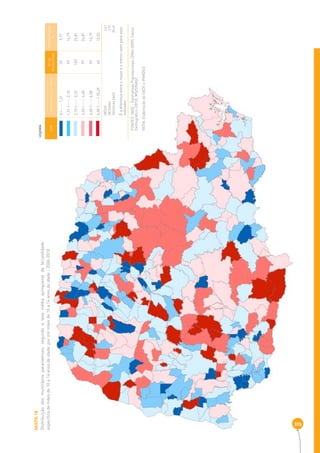 MAPA 18 
Distribuição dos municípios paranaenses, segundo a taxa média quinquenal de fecundidade 
específi ca de mães de 10 a 14 anos de idade, por mil mães de 10 a 14 anos de idade - 2006-2010 
316 
COR INTERVALOS DAS TAXAS Nº DE 
MUNICÍPIOS 
PERCENTAGEM 
% 
0 |----- 1,31 39 9,77 
1,31 |----- 2,10 59 14,79 
2,10 |----- 3,20 103 25,81 
3,20 |----- 4,48 99 24,81 
4,48 |----- 6,58 59 14,79 
6,58 |-----| 35,49 40 10,03 
MÉDIA 3 ,61 
MEDIANA 3,19 
DESIGUALDADE 35,49 
É a diferença entre o maior e o menor valor para esse 
indicador 
LEGENDA 
FONTES: IBGE - Estimativas Populacionais (2006-2009), Censo 
Demográfi co (2010), MS/SINASC 
NOTA: Elaboração da SEDS e IPARDES. 
 
