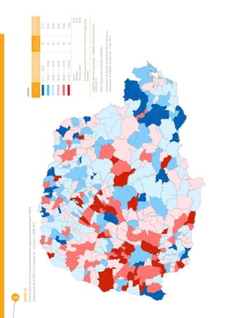 319 
MAPA 21 
Distribuição dos municípios paranaenses segundo a percentagem média 
quadrianual de ICSAP em crianças de 1 a 4 anos - 2008-2011 
COR INTERVALOS DAS 
PERCENTAGENS 
Nº DE 
MUNICÍPIOS 
PERCENTAGEM 
% 
0 |----- 18,52 39 9,77 
18,52 |----- 25,86 60 15,04 
25,86 |----- 36,93 101 25,31 
36,93 |----- 48,65 99 24,81 
48,65 |----- 63,39 60 15,04 
63,39 |-----| 85,55 40 10,03 
MÉDIA 3 8,39 
MEDIANA 36,92 
DESIGUALDADE 85,55 
É a diferença entre o maior e o menor valor para esse 
indicador 
LEGENDA 
FONTES: Ministério da Saúde - TABWIN-SIHSUS/DATASUS 
(2008-2011) 
NOTA: Elaboração da SEDS e IPARDES. 
A Secretaria de Estado da Saúde do Paraná gerou as 
tabulações no TABWIN. Acesso em: 17 dez. 2012. 
 