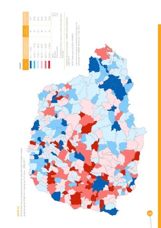 MAPA 22 
Distribuição dos municípios paranaenses segundo a percentagem média 
quadrianual de ICSAP em crianças de 5 a 9 anos - 2008-2011 
320 
COR INTERVALOS DAS 
PERCENTAGENS 
Nº DE 
MUNICÍPIOS 
PERCENTAGEM 
% 
0 |----- 10,53 39 9,77 
10,53 |----- 17,36 60 15,04 
17,36 |----- 28,15 101 25,31 
28,15 |----- 40,91 98 24,56 
40,91 |----- 54,02 61 15,29 
54,02 |-----| 76,56 40 10,03 
MÉDIA 3 0,23 
MEDIANA 28,14 
DESIGUALDADE 76,56 
É a diferença entre o maior e o menor valor para esse 
indicador 
LEGENDA 
FONTES: Ministério da Saúde - TABWIN-SIHSUS/DATASUS 
(2008-2011) 
NOTA: Elaboração da SEDS e IPARDES. 
A Secretaria de Estado da Saúde do Paraná gerou as 
tabulações no TABWIN. Acesso em: 17 dez. 2012. 
 