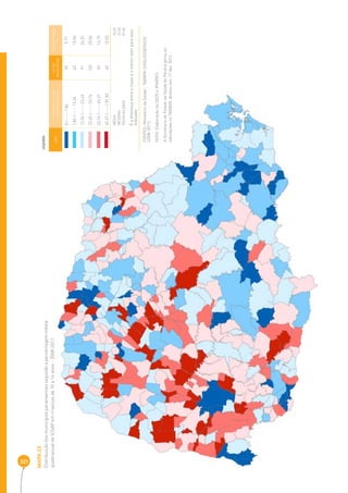 321 
MAPA 23 
Distribuição dos municípios paranaenses segundo a percentagem média 
quadrianual de ICSAP em crianças de 10 a 14 anos - 2008-2011 
COR INTERVALOS DAS 
PERCENTAGENS 
Nº DE 
MUNICÍPIOS 
PERCENTAGEM 
% 
0 |----- 7,84 39 9,77 
7,84 |----- 13,34 62 15,04 
13,34 |----- 22,45 97 24,31 
22,45 |----- 33,74 102 25,56 
33,74 |----- 45,37 59 14,79 
45,37 |-----| 81,82 40 10,03 
MÉDIA 2 5,07 
MEDIANA 22,45 
DESIGUALDADE 81,82 
É a diferença entre o maior e o menor valor para esse 
indicador 
LEGENDA 
FONTES: Ministério da Saúde - TABWIN-SIHSUS/DATASUS 
(2008-2011) 
NOTA: Elaboração da SEDS e IPARDES. 
A Secretaria de Estado da Saúde do Paraná gerou as 
tabulações no TABWIN. Acesso em: 17 dez. 2012. 
 