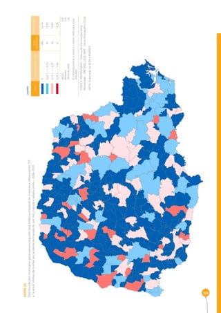 MAPA 26 
Distribuição dos municípios paranaenses segundo taxa média quinquenal de crianças e adolescentes (10 
a 14 anos) vítimas de mortes por acidente de transporte, por mil crianças e adolescentes - 2006-2010 
324 
COR INTERVALOS DAS TAXAS Nº DE 
MUNICÍPIOS 
PERCENTAGEM 
% 
0 252 63,16 
0,02 |----- 0,12 50 12,53 
0,12 |----- 0,29 56 14,03 
0,29 |----- 1,86 41 10,28 
MÉDIA 0 ,09 
MEDIANA 0,00 
DESIGUALDADE 1 ,86 
É a diferença entre o maior e o menor valor para esse 
indicador 
LEGENDA 
FONTES: MS/SVS/DASIS - Sistema de Informações sobre 
Mortalidade - SIM (2006-2010), IBGE - Censo Demográfi co (2010) 
NOTA: Elaboração da SEDS e IPARDES. 
 