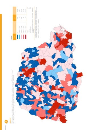 325 
MAPA 27 
Distribuição dos municípios paranaenses segundo taxa média quinquenal de adolescentes e jovens 
(15 a 19 anos) vítimas de mortes por agressão, por mil adolescentes e jovens - 2006-2010 
COR INTERVALOS DAS TAXAS Nº DE 
MUNICÍPIOS 
PERCENTAGEM 
% 
0 183 45,86 
0,05 |----- 0,15 17 4,26 
0,15 |----- 0,40 100 25,06 
0,40 |----- 0,71 59 14,79 
0,71 |----- 3,82 40 10,03 
MÉDIA 0 ,27 
MEDIANA 0,14 
DESIGUALDADE 3 ,82 
É a diferença entre o maior e o menor valor para esse 
indicador 
LEGENDA 
FONTES: MS/SVS/DASIS - Sistema de Informações sobre 
Mortalidade - SIM (2006-2010), IBGE - Censo Demográfi co (2010) 
NOTA: Elaboração da SEDS e IPARDES. 
 