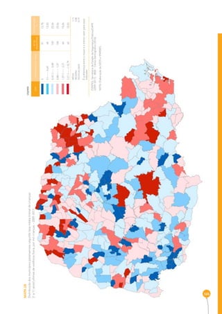 MAPA 28 
Distribuição dos municípios paranaenses segundo taxa média trienal de crianças 
(1 a 11 anos) vítimas de violência física, por mil crianças - 2009-2011 
326 
COR INTERVALOS DAS TAXAS Nº DE 
MUNICÍPIOS 
PERCENTAGEM 
% 
0 51 12,78 
0 |----- 0,40 48 12,03 
0,40 |----- 0,88 100 25,06 
0,88 |----- 1,57 100 25,06 
1,57 |----- 2,21 60 15,04 
2,21 |-----| 10,79 40 10,03 
MÉDIA 1 ,12 
MEDIANA 0,88 
DESIGUALDADE 10,79 
É a diferença entre o maior e o menor valor para esse 
indicador 
LEGENDA 
FONTES: Secretaria de Estado da Segurança Pública/CAPE 
(2009-2011), IBGE - Censo Demográfi co (2010) 
NOTA: Elaboração da SEDS e IPARDES. 
 
