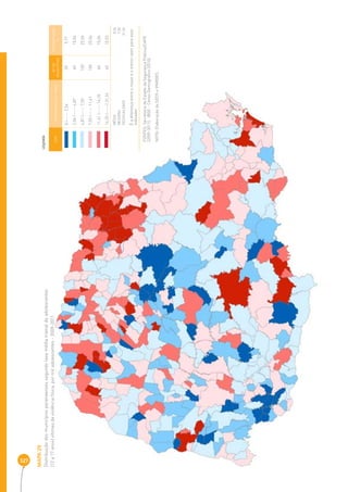 327 
MAPA 29 
Distribuição dos municípios paranaenses segundo taxa média trienal de adolescentes 
(12 a 17 anos) vítimas de violência física, por mil adolescentes - 2009-2011 
COR INTERVALOS DAS TAXAS Nº DE 
MUNICÍPIOS 
PERCENTAGEM 
% 
0 |----- 2,56 39 9,77 
2,56 |----- 4,87 60 15,04 
4,87 |----- 7,55 100 25,06 
7,55 |----- 11,41 100 25,06 
11,41 |----- 14,35 60 15,04 
14,35 |-----| 31,34 40 10,03 
MÉDIA 8 ,36 
MEDIANA 7,55 
DESIGUALDADE 31,34 
É a diferença entre o maior e o menor valor para esse 
indicador 
LEGENDA 
FONTES: Secretaria de Estado da Segurança Pública/CAPE 
(2009-2011), IBGE - Censo Demográfi co (2010) 
NOTA: Elaboração da SEDS e IPARDES. 
 