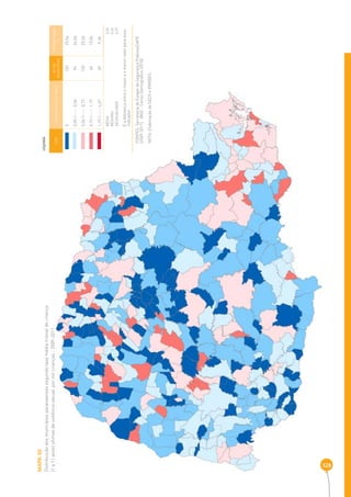 MAPA 30 
Distribuição dos municípios paranaenses segundo taxa média trienal de criança 
(1 a 11 anos) vítimas de violência sexual, por mil crianças - 2009-2011 
328 
COR INTERVALOS DAS TAXAS Nº DE 
MUNICÍPIOS 
PERCENTAGEM 
% 
0 102 25,56 
0,05 |----- 0,36 96 24,06 
0,36 |----- 0,73 102 25,56 
0,73 |----- 1,19 60 15,04 
1,19 |----- 4,37 39 9,78 
MÉDIA 0 ,50 
MEDIANA 0,36 
DESIGUALDADE 4 ,37 
É a diferença entre o maior e o menor valor para esse 
indicador 
LEGENDA 
FONTES: Secretaria de Estado da Segurança Pública/CAPE 
(2009-2011), IBGE - Censo Demográfi co (2010) 
NOTA: Elaboração da SEDS e IPARDES. 
 