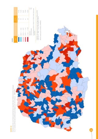 MAPA 32 
Distribuição dos municípios paranaenses segundo taxa média trienal de crianças 
(1 a 11 anos) vítimas de violência psicológica, por mil crianças - 2009-2011 
330 
COR INTERVALOS DAS TAXAS Nº DE 
MUNICÍPIOS 
PERCENTAGEM 
% 
0 149 37,34 
0,04 |----- 0,26 50 12,53 
0,26 |----- 0,59 99 24,81 
0,59 |----- 1,16 61 15,29 
1,16 |-----| 7,03 40 10,03 
MEDIANA 0,26 
DESIGUALDADE 7 ,03 
É a diferença entre o maior e o menor valor para esse 
indicador 
LEGENDA 
FONTES: Secretaria de Estado da Segurança Pública/CAPE 
(2009-2011), IBGE - Censo Demográfi co (2010) 
NOTA: Elaboração da SEDS e IPARDES. 
 