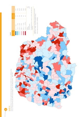 331 
MAPA 33 
Distribuição dos municípios paranaenses segundo taxa média trienal de adolescentes 
(12 a 17 anos) vítimas de violência psicológica, por mil adolescentes - 2009-2011 
COR INTERVALOS DAS TAXAS Nº DE 
MUNICÍPIOS 
PERCENTAGEM 
% 
0 |----- 1,45 39 9,77 
1,45 |----- 3,24 60 15,04 
3,24 |----- 5,38 100 25,06 
5,38 |----- 8,70 100 25,06 
8,70 |----- 12,43 60 15,04 
12,43 |-----| 42,72 40 10,03 
MÉDIA 6 ,47 
MEDIANA 5,38 
DESIGUALDADE 42,72 
É a diferença entre o maior e o menor valor para esse 
indicador 
LEGENDA 
FONTES: Secretaria de Estado da Segurança Pública/CAPE 
(2009-2011), IBGE - Censo Demográfi co (2010) 
NOTA: Elaboração da SEDS e IPARDES. 
 