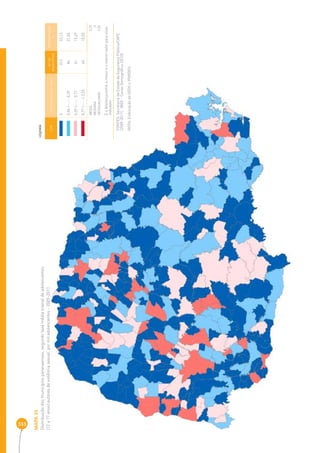 333 
MAPA 35 
Distribuição dos municípios paranaenses, segundo taxa média trienal de adolescentes 
(12 a 17 anos) autores de violência sexual, por mil adolescentes - 2009-2011 
COR INTERVALOS DAS TAXAS Nº DE 
MUNICÍPIOS 
PERCENTAGEM 
% 
0 212 53,13 
0,04 |----- 0,39 86 21,55 
0,39 |----- 0,77 61 15,29 
0,77 |-----| 3,55 40 10,03 
MÉDIA 0 ,27 
MEDIANA 0 
DESIGUALDADE 3 ,55 
É a diferença entre o maior e o menor valor para esse 
indicador 
LEGENDA 
FONTES: Secretaria de Estado da Segurança Pública/CAPE 
(2009-2011), IBGE - Censo Demográfi co (2010) 
NOTA: Elaboração da SEDS e IPARDES. 
 