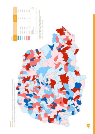 MAPA 36 
Distribuição dos municípios paranaenses, segundo taxa média trienal de adolescentes 
(12 a 17 anos) autores de violência psicológica, por mil adolescentes - 2009-2011 
334 
COR INTERVALOS DAS TAXAS Nº DE 
MUNICÍPIOS 
PERCENTAGEM 
% 
0 53 13,28 
0,15 |----- 0,65 46 11,53 
0,65 |----- 1,58 100 25,06 
1,58 |----- 2,91 100 25,06 
2,91 |----- 4,84 60 15,04 
4,84 |-----| 15,19 40 10,03 
MÉDIA 2 ,17 
MEDIANA 1,58 
DESIGUALDADE 15,19 
É a diferença entre o maior e o menor valor para esse 
indicador 
LEGENDA 
FONTES: Secretaria de Estado da Segurança Pública/CAPE 
(2009-2011), IBGE - Censo Demográfi co (2010) 
NOTA: Elaboração da SEDS e IPARDES. 
 