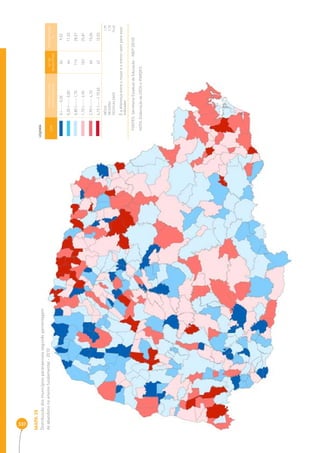 337 
MAPA 39 
Distribuição dos municípios paranaenses segundo percentagem 
de abandono no ensino fundamental - 2010 
COR INTERVALOS DAS 
PERCENTAGENS 
Nº DE 
MUNICÍPIOS 
PERCENTAGEM 
% 
0 |----- 0,30 36 9,02 
0,30 |----- 0,80 44 11,03 
0,80 |----- 1,70 114 28,57 
1,70 |----- 2,90 103 25,81 
2,90 |----- 4,10 60 15,04 
4,10 |-----| 10,60 42 10,03 
MÉDIA 1 ,99 
MEDIANA 1,70 
DESIGUALDADE 10,60 
É a diferença entre o maior e o menor valor para esse 
indicador 
LEGENDA 
FONTES: Secretaria Estadual de Educação - INEP (2010) 
NOTA: Elaboração da SEDS e IPARDES. 
 