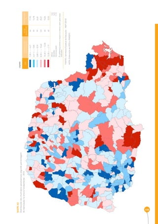 MAPA 40 
Distribuição dos municípios paranaenses segundo percentagem 
de reprovação no ensino fundamental - 2010 
338 
COR INTERVALOS DAS 
PERCENTAGENS 
Nº DE 
MUNICÍPIOS 
PERCENTAGEM 
% 
1,30 |----- 4,41 44 11,03 
4,41 |----- 5,80 55 13,78 
5,80 |----- 8,20 99 24,81 
8,20 |----- 10,40 101 25,31 
10,40 |----- 13,30 60 15,04 
13,30 |-----| 19 40 10,03 
MÉDIA 8 ,46 
MEDIANA 8,20 
DESIGUALDADE 17,70 
É a diferença entre o maior e o menor valor para esse 
indicador 
LEGENDA 
FONTES: Secretaria Estadual de Educação - INEP (2010) 
NOTA: Elaboração da SEDS e IPARDES. 
 