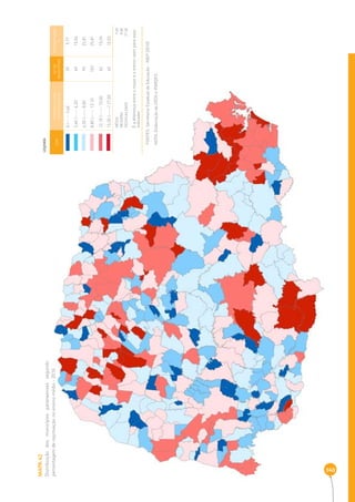 MAPA 42 
Distribuição dos municípios paranaenses segundo 
percentagem de reprovação no ensino médio - 2010 
340 
COR INTERVALOS DAS 
PERCENTAGENS 
Nº DE 
MUNICÍPIOS 
PERCENTAGEM 
% 
0 |----- 3,60 39 9,77 
3,60 |----- 6,30 60 15,04 
6,30 |----- 8,80 95 23,81 
8,80 |----- 12,10 103 25,81 
12,10 |----- 15,50 62 15,54 
15,50 |-----| 27,00 40 10,03 
MÉDIA 9 ,30 
MEDIANA 8,80 
DESIGUALDADE 27,00 
É a diferença entre o maior e o menor valor para esse 
indicador 
LEGENDA 
FONTES: Secretaria Estadual de Educação - INEP (2010) 
NOTA: Elaboração da SEDS e IPARDES. 
 
