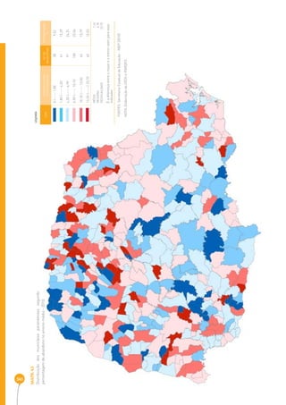 341 
MAPA 43 
Distribuição dos municípios paranaenses segundo 
percentagem de abandono no ensino médio - 2010 
COR INTERVALOS DAS 
PERCENTAGENS 
Nº DE 
MUNICÍPIOS 
PERCENTAGEM 
% 
0 |----- 1,80 38 9,52 
1,80 |----- 4,30 61 15,29 
4,30 |----- 6,90 97 24,31 
6,90 |----- 10,10 100 25,06 
10,10 |----- 13,50 63 15,79 
13,50 |-----| 23,70 40 10,03 
MÉDIA 7 ,42 
MEDIANA 6,90 
DESIGUALDADE 23,70 
É a diferença entre o maior e o menor valor para esse 
indicador 
LEGENDA 
FONTES: Secretaria Estadual de Educação - INEP (2010) 
NOTA: Elaboração da SEDS e IPARDES. 
 