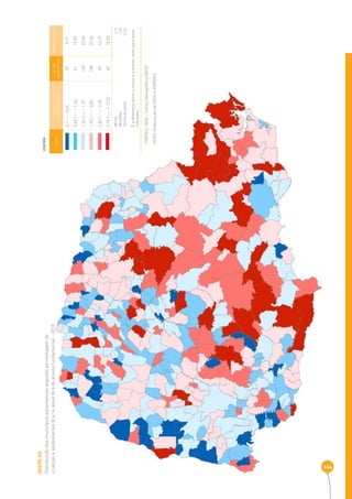 MAPA 46 
Distribuição dos municípios paranaenses segundo percentagem de 
crianças e adolescentes (6 a 14 anos) fora do ensino fundamental - 2010 
344 
COR INTERVALOS DAS 
PERCENTAGENS 
Nº DE 
MUNICÍPIOS 
PERCENTAGEM 
% 
0 |----- 0,63 39 9,77 
0,63 |----- 1,24 61 15,59 
1,24 |----- 1,95 100 25,06 
1,95 |----- 2,82 100 25,06 
2,82 |----- 3,78 59 14,79 
3,78 |-----| 12,52 40 10,03 
MÉDIA 2 ,13 
MEDIANA 1,95 
DESIGUALDADE 12,52 
É a diferença entre o maior e o menor valor para esse 
indicador 
LEGENDA 
FONTES: IBGE - Censo Demográfi co (2010) 
NOTA: Elaboração da SEDS e IPARDES. 
 