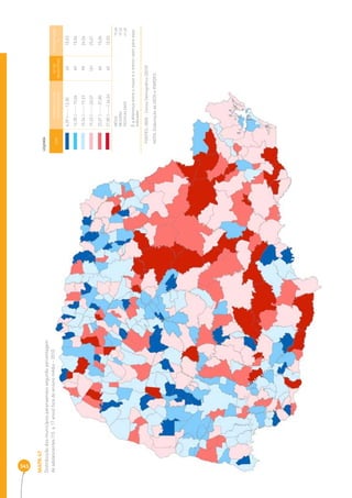 345 
MAPA 47 
Distribuição dos municípios paranaenses segundo percentagem 
de adolescentes (15 a 17 anos) fora do ensino médio - 2010 
COR INTERVALOS DAS 
PERCENTAGENS 
Nº DE 
MUNICÍPIOS 
PERCENTAGEM 
% 
4,39 |----- 12,30 40 10,03 
12,30 |----- 15,54 60 15,04 
15,54 |----- 19,23 98 24,56 
19,23 |----- 23,07 101 25,51 
23,07 |----- 27,80 60 15,04 
27,80 |-----| 46,04 40 10,03 
MÉDIA 1 9,68 
MEDIANA 19,23 
DESIGUALDADE 41,65 
É a diferença entre o maior e o menor valor para esse 
indicador 
LEGENDA 
FONTES: IBGE - Censo Demográfi co (2010) 
NOTA: Elaboração da SEDS e IPARDES. 
 