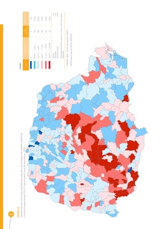 347 
MAPA 49 
Distribuição dos municípios paranaenses segundo a percentagem de trabalho infantil de 
crianças e adolescentes (10 a 13 anos) sobre o total da faixa etária - 2010 
COR INTERVALOS DAS 
PERCENTAGENS 
Nº DE 
MUNICÍPIOS 
PERCENTAGEM 
% 
0 5 1,25 
0,58 |----- 3,67 94 23,56 
3,67 |----- 6,65 100 25,06 
6,65 |----- 11,63 100 25,06 
11,63 |----- 20,97 60 15,04 
20,97 |-----| 42,98 40 10,03 
MÉDIA 9 ,12 
MEDIANA 6,65 
DESIGUALDADE 42,98 
É a diferença entre o maior e o menor valor para esse 
indicador 
LEGENDA 
FONTES: IBGE - Censo Demográfi co (2010) 
NOTA: Elaboração da SEDS e IPARDES. 
 