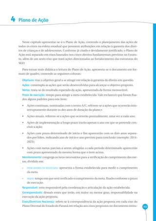 352 
4 Plano de Ação 
Neste capítulo apresentar-se-á o Plano de Ação, contendo o planejamento das ações de 
todos os entes na esfera estadual que possuem atribuições em relação à garantia dos direi-tos 
de crianças e de adolescentes. Conforme já citado e devidamente justificado, o Plano de 
Ação está separado em eixos baseados nos cinco direitos fundamentais previstos no Estatu-to, 
além de um sexto eixo que trará ações direcionadas ao fortalecimento das estruturas do 
SGD. 
Para tornar mais didática a leitura do Plano de Ação, apresenta-se o documento em for-mato 
de quadro, contendo as seguintes colunas: 
Objetivos: traz o objetivo geral a se atingir em relação à garantia do direito em questão. 
Ações: contempla as ações que serão desenvolvidas para alcançar o objetivo proposto. 
Metas: trata-se do resultado esperado da ação, apresentado de forma mensurável. 
Prazo de execução: tempo para atingir a meta estabelecida. Vale esclarecer que foram fixa-dos 
alguns padrões para este item: 
• Ações contínuas, nominadas com o termo A/C, referem-se a ações que ocorrerão inin-terruptamente 
durante os dez anos de duração do plano;v 
• Ações anuais, referem-se a ações que ocorrerão pontualmente, uma vez a cada ano; 
• Ações de implementação a longo prazo trarão apenas o ano em que se pretende con-cluir 
a ação; 
• Ações com prazo determinado de início e fim aparecerão com os dois anos separa-dos 
por hífen, indicando ano de início e ano previsto para conclusão (exemplo: 2014- 
2023); 
• Ações com metas parciais a serem atingidas a cada período determinado aparecerão 
com prazo apresentado da mesma forma que o item acima. 
Monitoramento: congrega os itens necessários para a verificação do cumprimento das me-tas, 
dividido em: 
• Indicadores de resultado: apresenta a forma estabelecida para medir o cumprimento 
da meta. 
• Prazo: tempo em que será verificado o cumprimento da meta, fixado conforme o prazo 
de execução. 
Responsável: ente responsável pela coordenação e articulação da ação estabelecida. 
Corresponsáveis: demais entes que terão, em maior ou menor grau, responsabilidade na 
execução da ação proposta. 
Eixos/Diretrizes Nacionais: refere-se à correspondência da ação proposta em cada eixo do 
Plano Decenal do Estado do Paraná em relação aos eixos propostos no documento intitu- 
 