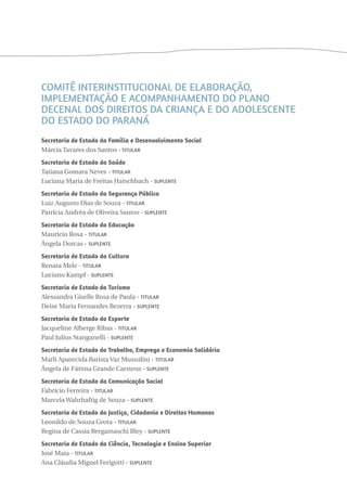 Comitê Interinstitucional de Elaboração, 
Implementação e Acompanhamento do Plano 
Decenal dos Direitos da Criança e do Adolescente 
do Estado do Paraná 
Secretaria de Estado da Família e Desenvolvimento Social 
Márcia Tavares dos Santos - Titular 
Secretaria de Estado da Saúde 
Tatiana Gomara Neves - Titular 
Luciana Maria de Freitas Hatschbach - Suplente 
Secretaria de Estado da Segurança Pública 
Luiz Augusto Dias de Souza - Titular 
Patrícia Andréa de Oliveira Santos - Suplente 
Secretaria de Estado da Educação 
Maurício Rosa - Titular 
Ângela Dorcas - Suplente 
Secretaria de Estado da Cultura 
Renata Mele - Titular 
Luciano Kampf - Suplente 
Secretaria de Estado do Turismo 
Alessandra Giselle Rosa de Paula - Titular 
Deise Maria Fernandes Bezerra - Suplente 
Secretaria de Estado do Esporte 
Jacqueline Alberge Ribas - Titular 
Paul Julius Stanganelli - Suplente 
Secretaria de Estado do Trabalho, Emprego e Economia Solidária 
Marli Aparecida Batista Vaz Mussulini - Titular 
Ângela de Fátima Grande Carstens - Suplente 
Secretaria de Estado da Comunicação Social 
Fabrício Ferreira - Titular 
Marcela Wahrhaftig de Souza - Suplente 
Secretaria de Estado da Justiça, Cidadania e Direitos Humanos 
Leonildo de Souza Grota - Titular 
Regina de Cassia Bergamaschi Bley - Suplente 
Secretaria de Estado da Ciência, Tecnologia e Ensino Superior 
José Maia - Titular 
Ana Cláudia Miguel Ferigotti - Suplente 
 