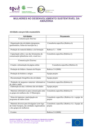 MULHERES NO DESENVOLVIMENTO SUSTENTÁVEL DA
AMAZÔNIA
Atividades com previsão orçamentária
Atividades Orçamento
Comunicação Interna:
. Organização das atividades (programas,
questionários, fichas de inscrição etc.)
Consultoria específica (Rubrica 6)
. Produção de material didático e de formação Rubrica 5.1 / $500
. Capacitação sobre o uso das ferramentas de
comunicação (plataforma web, e-mail etc.)
Consultoria específica (Rubrica 6)
Comunicação Externa:
. Criação e alimentação da página online Consultoria específica (Rubrica 6)
. Produção de folders e banners do Projeto Rubrica 5.8 ($800)
. Produção de boletins e artigos Equipe projeto
. Documentação fotográfica das atividades Equipe projeto
. Produção de pequenos materiais informativos
de vídeo e áudio
Consultoria específica (Rubrica 6)
. Elaboração de atas e informes das atividades Equipe projeto
. Materiais informativos para comunicação entre
os grupos de mulheres dos 14 Municípios
Consultoria específica (Rubrica 6)
. Notas de imprensa e participação em
programas de rádios locais
Consultoria específica (Rubrica 6) e equipe do
projeto
. Materiais diversos para divulgação (com logo
da União Europeia, das entidades organizadoras
e dos grupos de mulheres).
Consultoria específica (Rubrica 6) e Equipe do
projeto
. Eventos Rubrica 5.8 ($800)
INSTITUTO EQÜIT – GÊNERO, ECONOMIA E CIDADANIA GLOBAL
Rua da Lapa, 180/salas 908 e 909 - LAPA - Rio de Janeiro/RJ - Brasil – 20.021-180
Tels: (+ 55 21) 2221-1182 e 2215-9510 w ww.equit.org.br APOIO:
 
