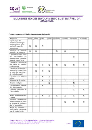 MULHERES NO DESENVOLVIMENTO SUSTENTÁVEL DA
AMAZÔNIA
Cronograma das atividades da comunicação (ano 1):
Atividade maio junho julho agosto setembro outubro novembro dezembro
Organização das
atividades e cronogra-
ma (programas, ques-
tionários, fichas de
inscrição etc.)
X X X
Produção de material
didático e de formação
X X X X
Capacitação sobre o uso
das ferramentas de
comunicação (platafor-
ma web, e-mail etc.)
X
Facilitação e moderação
das listas de comuni-
cação interna
X X X X X X X
Elaboração de folders e
banners do Projeto (com
as logos dos parceiros e
da União Europeia)
X X X
Criação da página
online
X X X
Alimentação da página X X X X X X
Boletins e artigos X X
Documentação fotográ-
fica das atividades
X X X
Pequenos materiais de
vídeo e áudio
X X
Atas e informes das ati-
vidades
X X X X X X X
Materiais informativos
para comunicação entre
os grupos de mulheres
dos 14 Municípios
X X X
Notas de imprensa e
participação em progra-
mas de rádios locais
INSTITUTO EQÜIT – GÊNERO, ECONOMIA E CIDADANIA GLOBAL
Rua da Lapa, 180/salas 908 e 909 - LAPA - Rio de Janeiro/RJ - Brasil – 20.021-180
Tels: (+ 55 21) 2221-1182 e 2215-9510 w ww.equit.org.br APOIO:
 