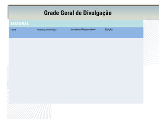 Grade Geral de Divulgação
SEMANAL
Tema Fonte(s) primária(s) Jornalista Responsável Edição
 