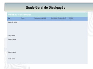 Grade Geral de Divulgação
MENSAL – 4ª Semana
Dia Tema Fonte(s) primária(s) Jornalista Responsável Edição
Segunda-feira
Terça-feira
Quarta-feira
Quinta-feira
Sexta-feira
 