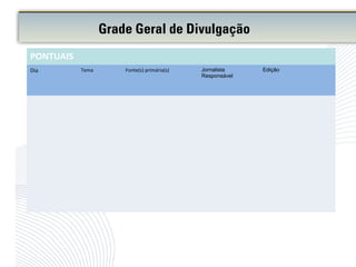 Grade Geral de Divulgação
PONTUAIS
Dia Tema Fonte(s) primária(s) Jornalista
Responsável
Edição
 