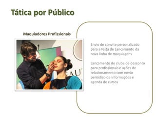    Tática por PúblicoImprensa EspecializadaColetiva de imprensa para 50 convidados com envio de press kitSeleção das 10 maiores editores-chefes de moda e beleza para visitar a sede da MAC no Canadá e conhecer o novo produtoEnvio de Kits especiais para blogueiras, com amostras e informações sobre o produto.