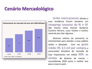 Cenário MercadológicoGrifes internacionais atentas a essa tendência fincam bandeira em shoppings luxuosos do RJ e SP.São marcas como Chanel, Burberry, Carolina Herrera, Louis Vuitton e Cartier, somente pra citar algumas.Diversos setores da economia se movimentam para atender a esse público seleto e abastado.  Com um gasto médio R$ 3,5 mil por compra, oconsumidor brasileiro do mercado de luxo impulsionou em média 50% as vendas de dezenas de marcas – consolidando 2010 como o melhor ano para o luxo no país. 
