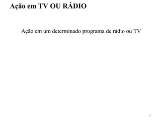 Ação em TV OU RÁDIO
Ação em um determinado programa de rádio ou TV
17
 