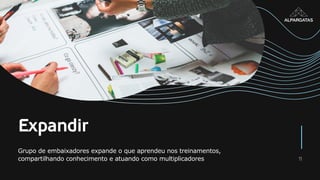 11
Expandir
Grupo de embaixadores expande o que aprendeu nos treinamentos,
compartilhando conhecimento e atuando como multiplicadores
 