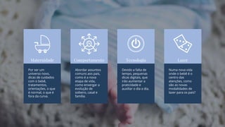 Maternidade
Por ser um
universo novo,
dicas de cuidados
com o bebê,
tratamentos,
orientações, o que
é normal, o que é
fora da curva.
Comportamento
Abordar assuntos
comuns aos pais,
como é a nova
etapa de vida,
como enxergar a
evolução de
solteiro, casal e
família.
Tecnologia
Devido a falta de
tempo, pequenas
dicas digitais, que
irão aumentar a
praticidade e
auxiliar o dia a dia.
Lazer
Numa nova vida
onde o bebê é o
centro das
atenções, como
são as novas
modalidades de
lazer para os pais?
 