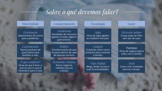 Maternidade
Orientação
Depoimentos de outros
pais e pediatras.
Comportamento Tecnologia Lazer
Sobre o quê devemos falar?
Lançamentos
Novos produtos de
puericultura que
facilitam a vida.
O que comprar?
Dicas do que é bom, o
que se usa e o que é
necessário para a casa.
Tendências
Novidades de consumo
ligados à moda, digital e
gastronomia.
Hobbys
Entretenimento do que
se passa dentro de casa
de pessoas comuns.
Economia criativa
Novos negócios
voltados para as
crianças.
Apps
Dicas de apps ligados
ao cotidiano dos pais.
Gadgets
Conteúdo sobre novos
produtos para conectar
a família.
Vida Digital
Blogs, Redes sociais e
suas funcionalidades.
Diversão indoor
O que pode ser feito
sem sair de casa.
Turismo
Dicas de viagens bate e
volta, com a família.
Artes
Como criar novidades
para as crianças.
 