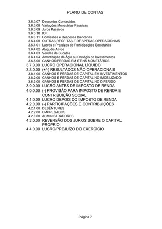 PLANO DE CONTAS

3.6.3.07   Descontos Concedidos
3.6.3.08   Variações Monetárias Passivas
3.6.3.09   Juros Passivos
3.6.3.10   IOF
3.6.3.11   Comissões e Despesas Bancárias
3.6.4.00   OUTRAS RECEITAS E DESPESAS OPERACIONAIS
3.6.4.01   Lucros e Prejuízos de Participações Societárias
3.6.4.02   Aluguéis Ativos
3.6.4.03   Vendas de Sucatas
3.6.4.04   Amortização de Ágio ou Deságio de Investimentos
3.6.5.00   GANHOS/PERDAS EM ITENS MONETÁRIOS
3.7.0.00 LUCRO OPERACIONAL LÍQUIDO
3.8.0.00 (+/-) RESULTADOS NÃO OPERACIONAIS
3.8.1.00 GANHOS E PERDAS DE CAPITAL EM INVESTIMENTOS
3.8.2.00 GANHOS E PERDAS DE CAPITAL NO IMOBILIZADO
3.8.3.00 GANHOS E PERDAS DE CAPITAL NO DIFERIDO
3.9.0.00 LUCRO ANTES DE IMPOSTO DE RENDA
4.0.0.00 (-) PROVISÃO PARA IMPOSTO DE RENDA E
         CONTRIBUIÇÃO SOCIAL
4.1.0.00 LUCRO DEPOIS DO IMPOSTO DE RENDA
4.2.0.00 (-) PARTICIPAÇÕES E CONTRIBUIÇÕES
4.2.1.00 DEBÊNTURES
4.2.2.00 EMPREGADOS
4.2.3.00 ADMINISTRADORES
4.3.0.00 REVERSÃO DOS JUROS SOBRE O CAPITAL
         PRÓPRIO
4.4.0.00 LUCRO/PREJUÍZO DO EXERCÍCIO




                                 Página 7
 