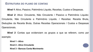 ESTRUTURA DO PLANO DE CONTAS
Nível 1: Ativo, Passivo, Patrimônio Líquido, Receitas, Custos e Despesas.
Nível 2: Ativo: Circulante, Não Circulante / Passivo e Patrimônio Líquido:
Circulante, Não Circulante e Patrimônio Líquido. / Receitas: Receita Bruta,
Deduções da Receita Bruta, Outras Receitas Operacionais / Custos e Despesas
Operacionais.
Nível 3: Contas que evidenciem os grupos a que se referem, como por
exemplo:
Nível 1 - Ativo
Nível 2 - Ativo Circulante
Nível 3 - Bancos Conta Movimento
 