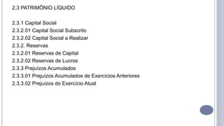 2.3 PATRIMÔNIO LÍQUIDO
2.3.1 Capital Social
2.3.2.01 Capital Social Subscrito
2.3.2.02 Capital Social a Realizar
2.3.2. Reservas
2.3.2.01 Reservas de Capital
2.3.2.02 Reservas de Lucros
2.3.3 Prejuízos Acumulados
2.3.3.01 Prejuízos Acumulados de Exercícios Anteriores
2.3.3.02 Prejuízos do Exercício Atual
 