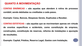 QUANTO À MOVIMENTAÇÃO
 CONTAS DINÂMICAS – são aquelas que atendem à rotina do processo
contábil, sendo debitadas ou creditadas a cada passo.
 Exemplo: Caixa, Bancos, Despesas Gerais, Duplicatas a Receber.
 CONTAS ESTÁTICAS – são aquelas que se movimentam apenas em virtude
de eventos específicos e acidentais, como constituição da empresa,
construções, constituição de reservas, reforma de instalações e apuração
de resultados.
 Exemplo: Capital, Prédios, Reserva Legal, Gastos com Instalação.
 